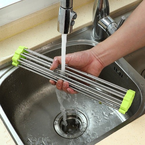 Kitchen Multipurpose Stainless Steel Over Sink Dish Drying Rack Silicone Folding Draining